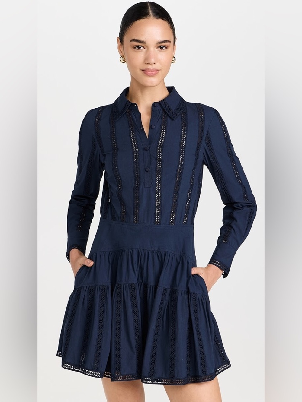 Ulla Johnson Camille Navy Eyelet Tiered Shirt Dress - Women's